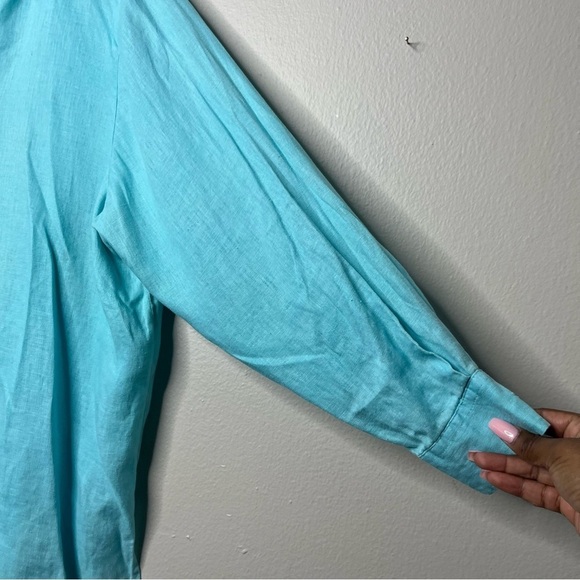 Marsh Landing Women 100% Linen Button Down Shirt 1X Blue Coastal Lagenlook - Picture 4 of 11